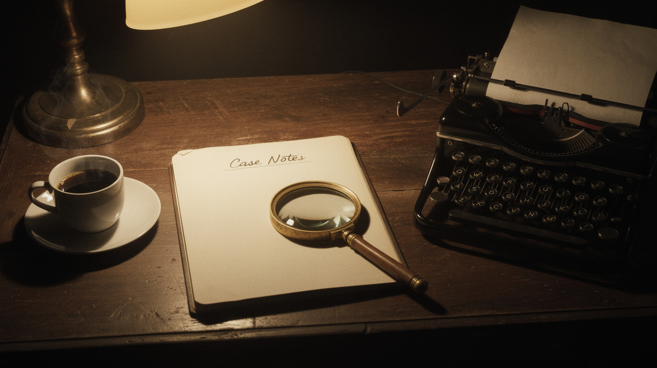 Vintage detective desk with magnifying glass and typewriter under lamp light