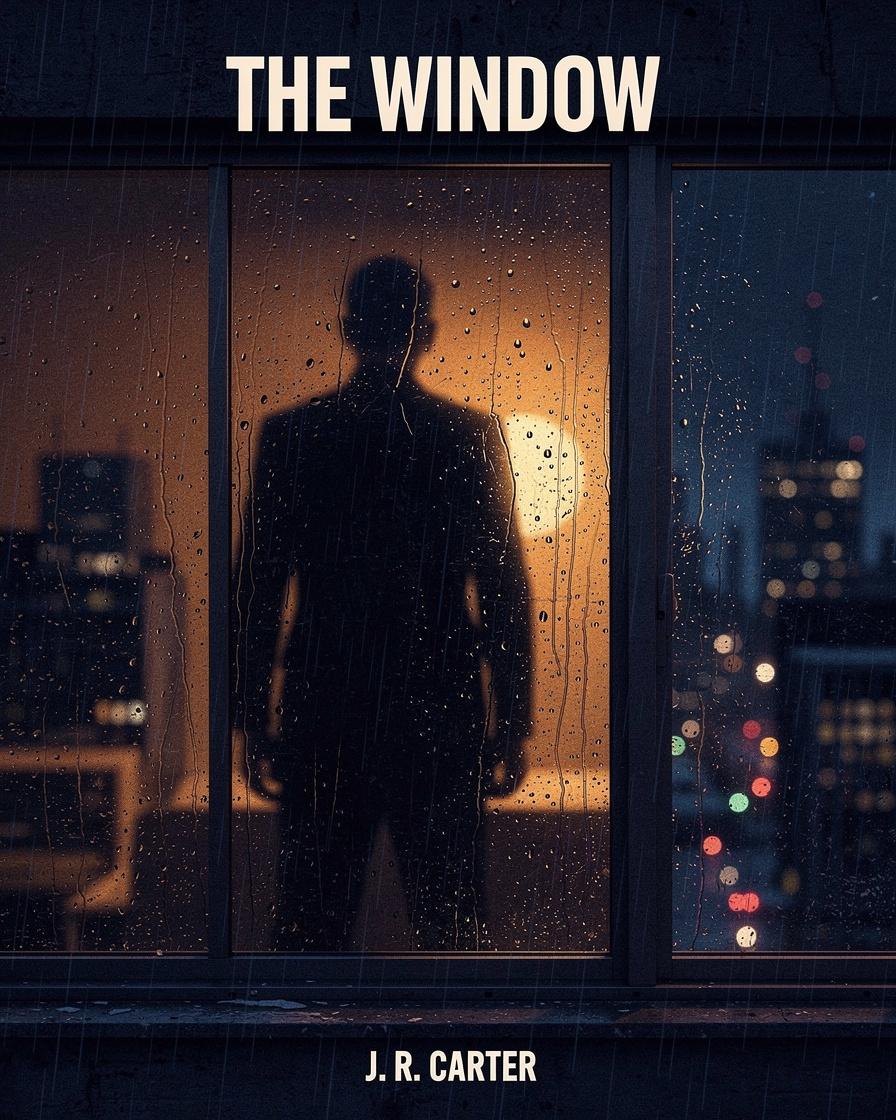 Illustrated thriller book cover with a shadow figure behind a rainy window