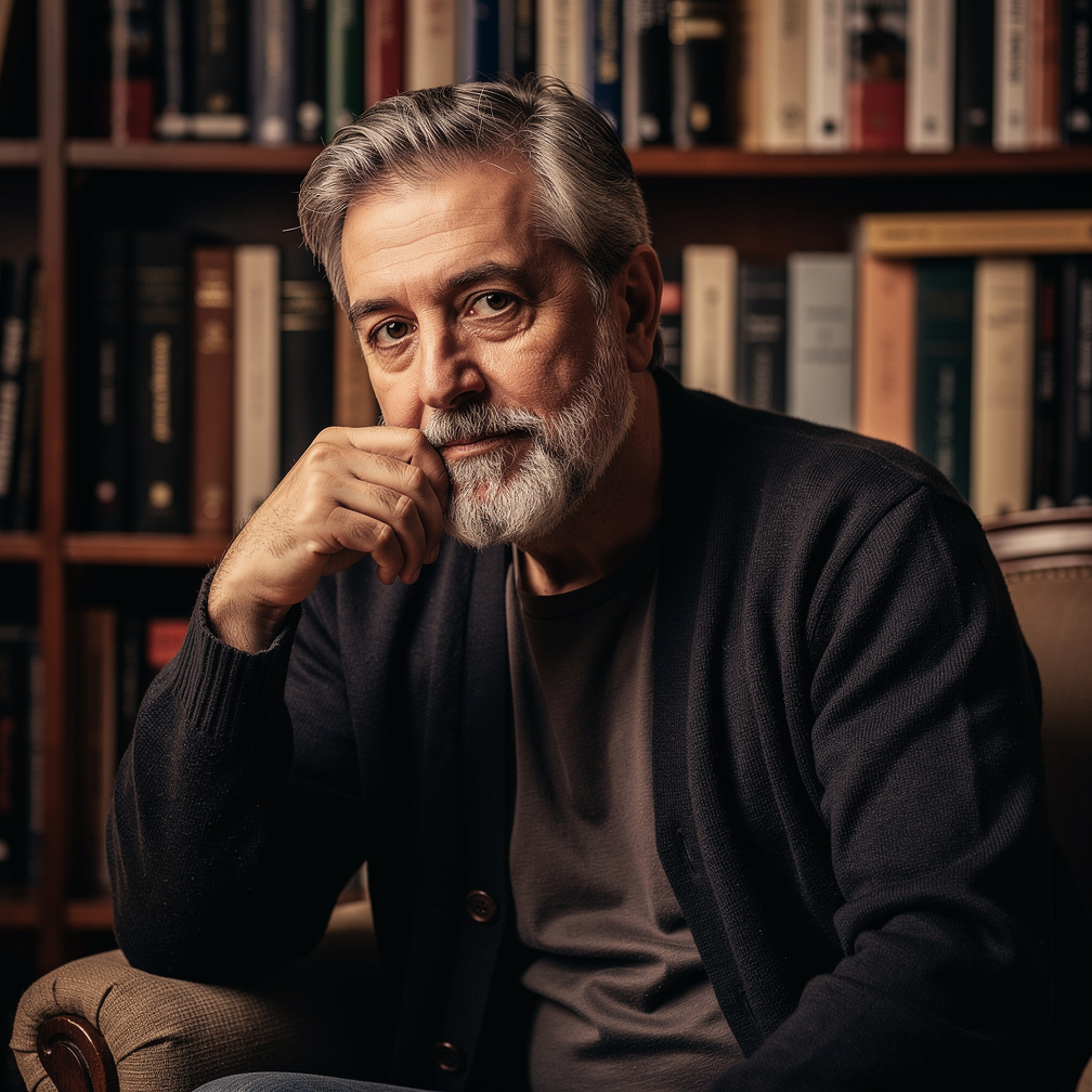 Portrait of an older Argentine male writer with grey beard in a home library