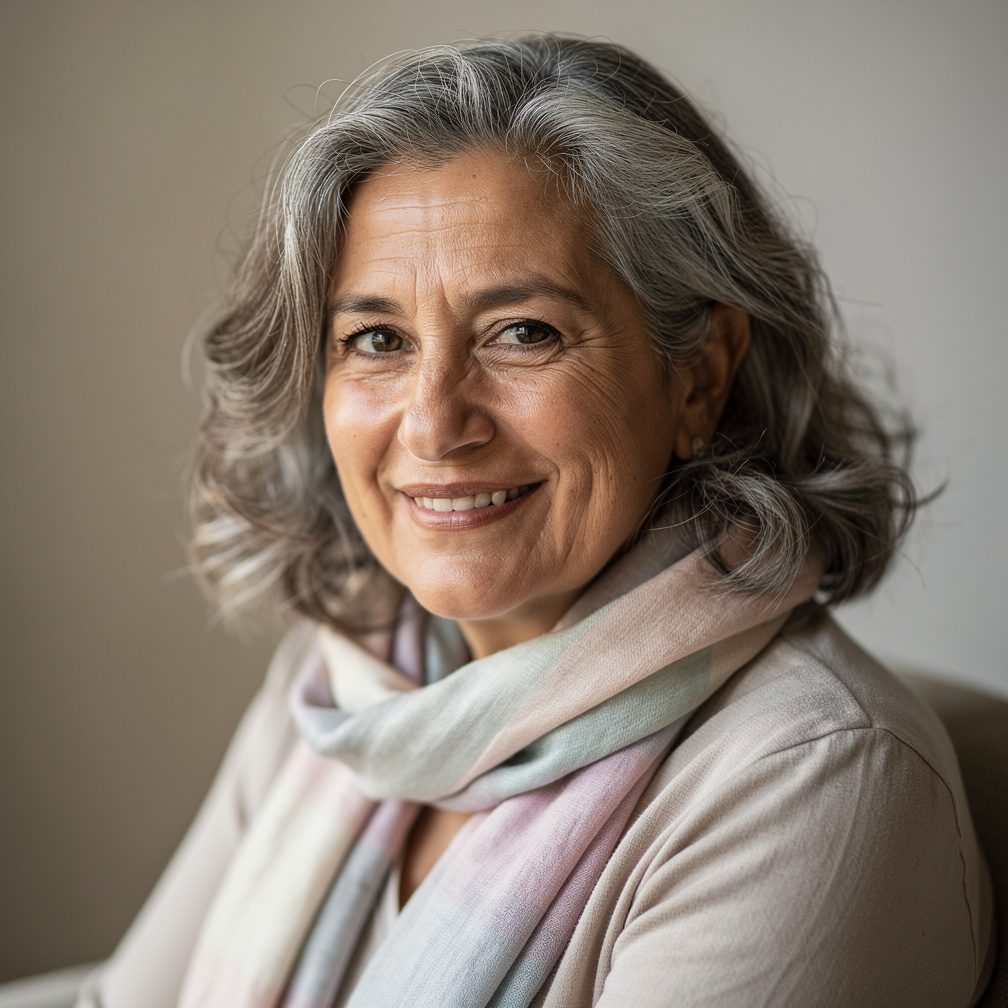 Portrait of an older Argentine woman with grey hair wearing a scarf